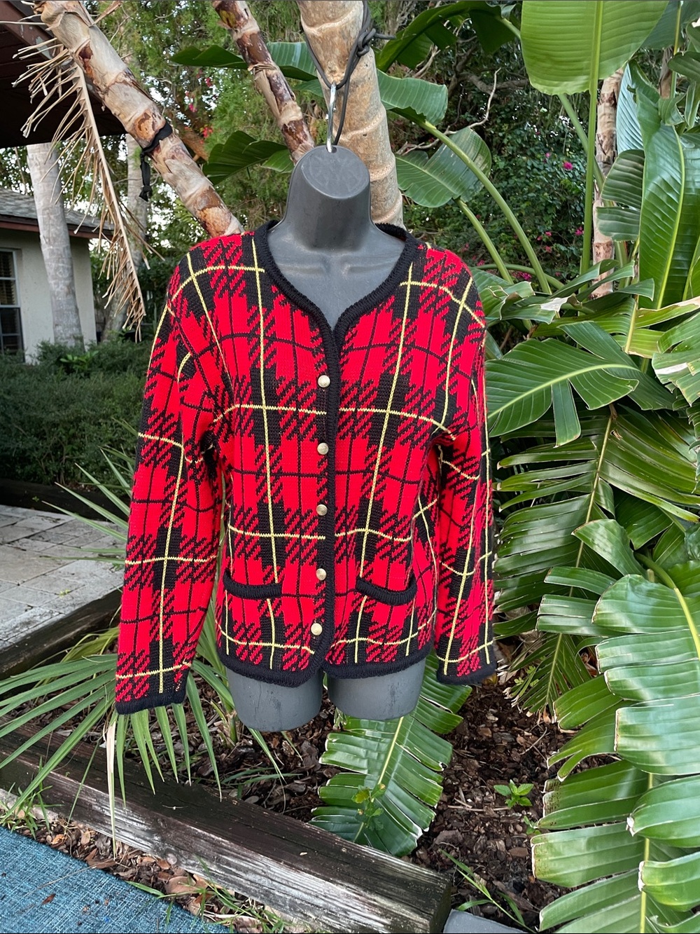 Red and black plaid vintage cardigan